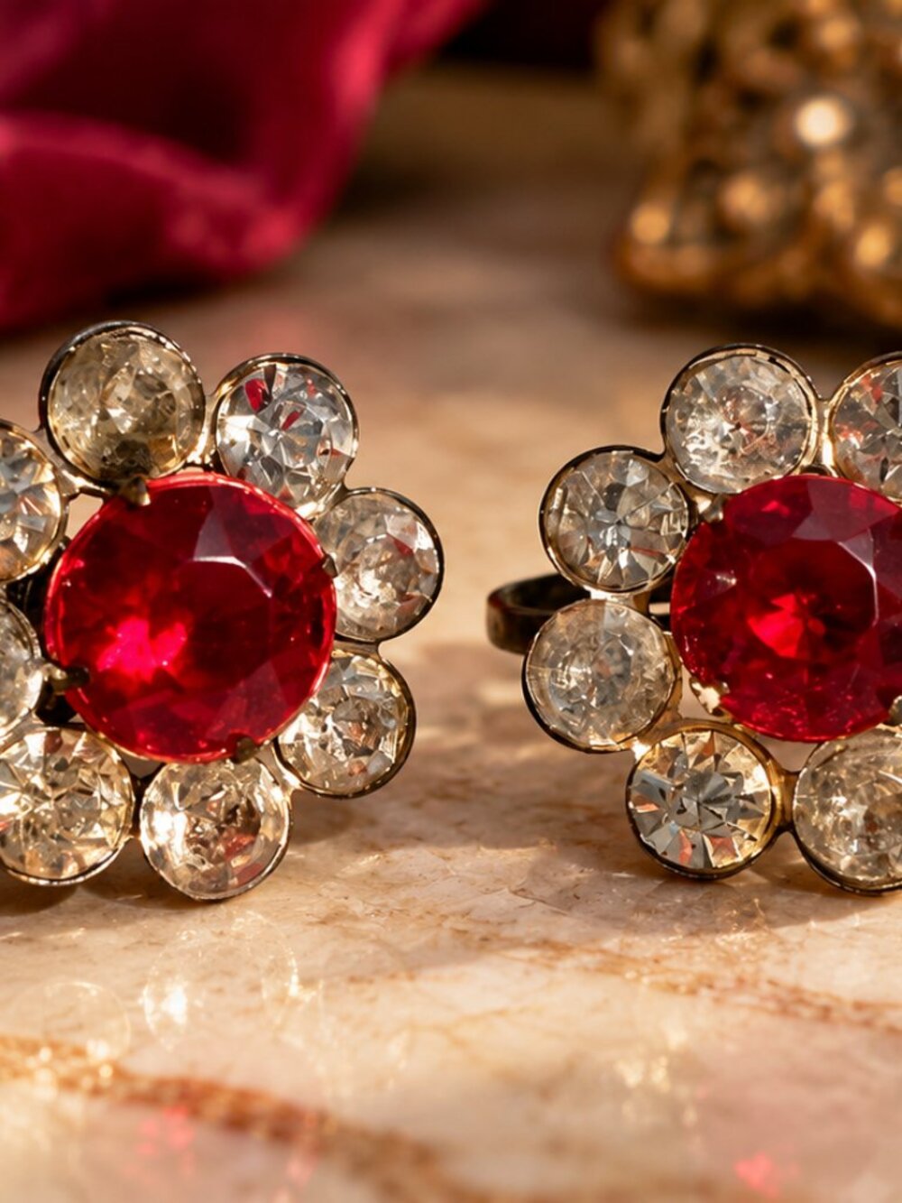Vintage Red Rhinestone Flower Screw Back Earrings – Retro Costume Jewelry